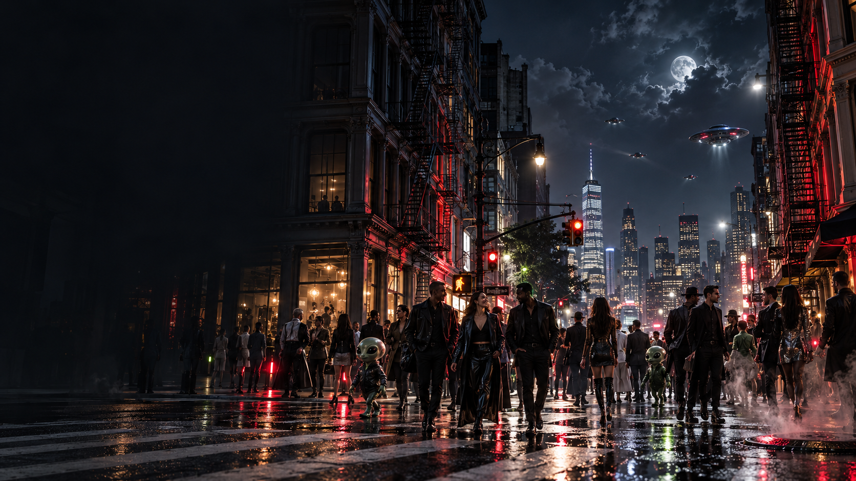A crowded, futuristic downtown New York street at night with people and friendly alien visitors